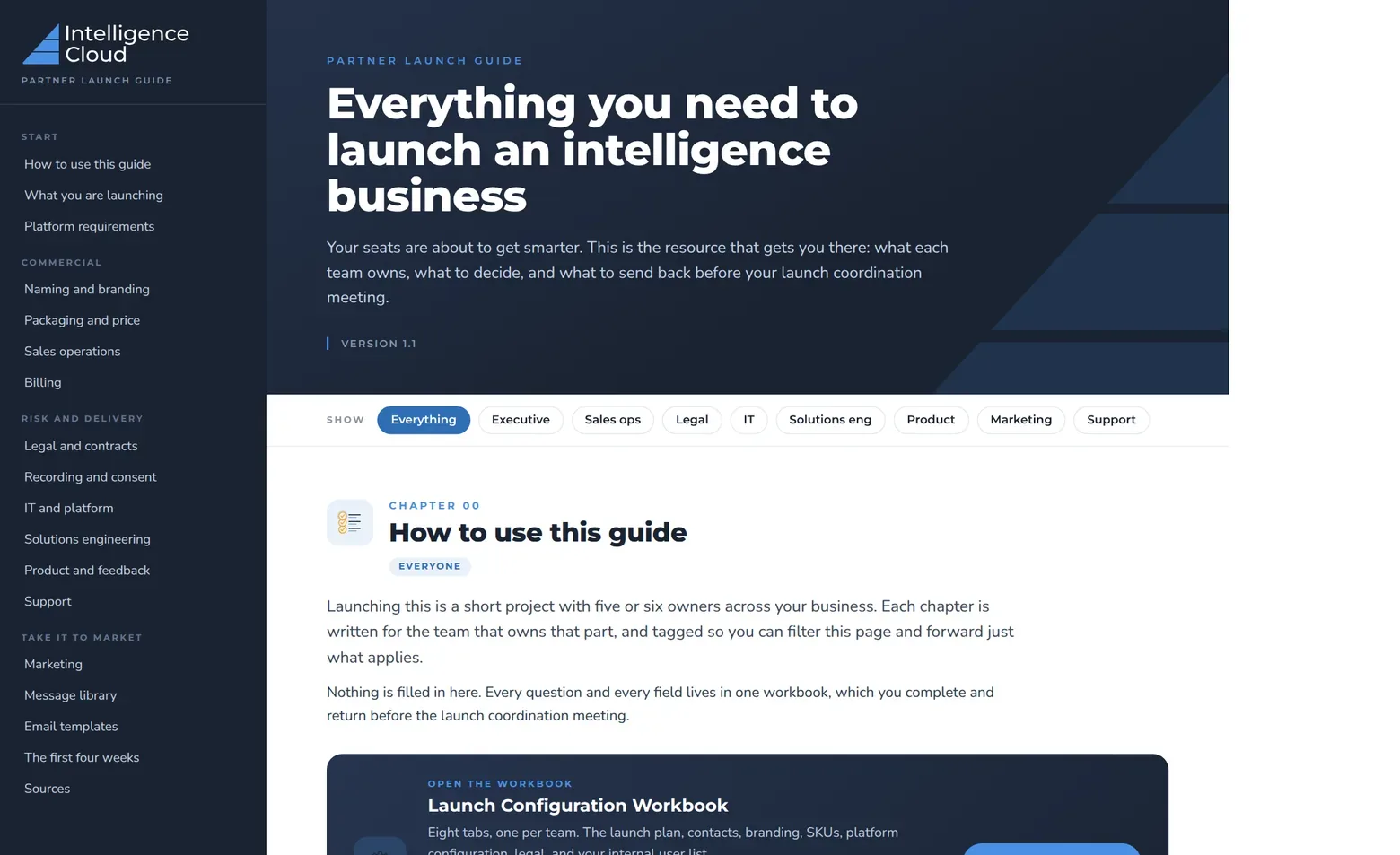 Partner Launch Guide cover: everything you need to launch an intelligence business, with chapters by team