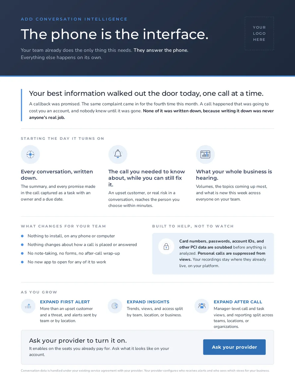 Customer one-pager template titled The phone is the interface, with a your-logo-here placeholder