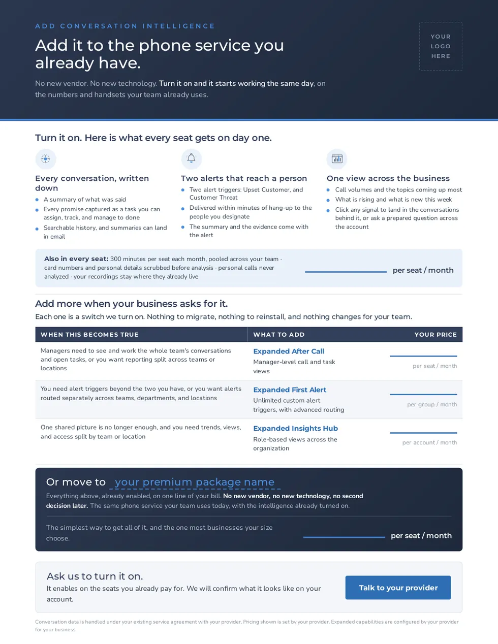 Customer pricing one-pager template with blank price lines set by the provider