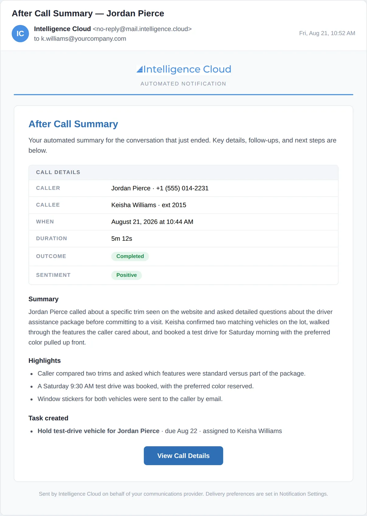 After Call summary notification email with call details, summary, highlights, and a created task